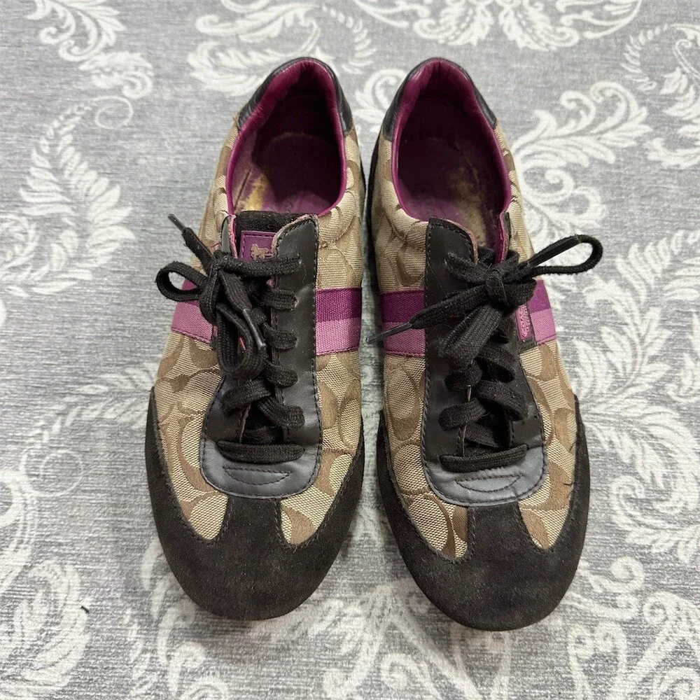 Coach Sneakers Womens Brown Tan Signature C Monogram Purple Stripe